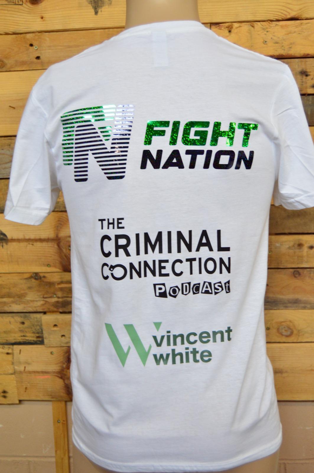 Back of a white Fight Nation branded T-shirt